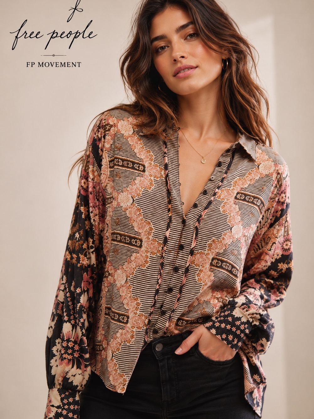 Free People Virgo Baby Buttondown Long Sleeve Boho Large Floral Patchwork Top C5 - Picture 1 of 11
